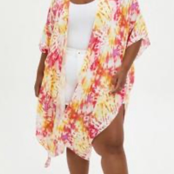 Torrid Kimono Women 22 Pink Open Front Tie Dye Long Duster Yellow Top Summer - Picture 1 of 13